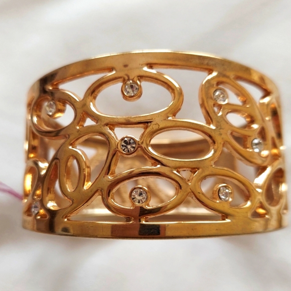 Elegant Goldtone Cuff Bracelet-Clear Rhinestone Accents Bold Hinged Open Design